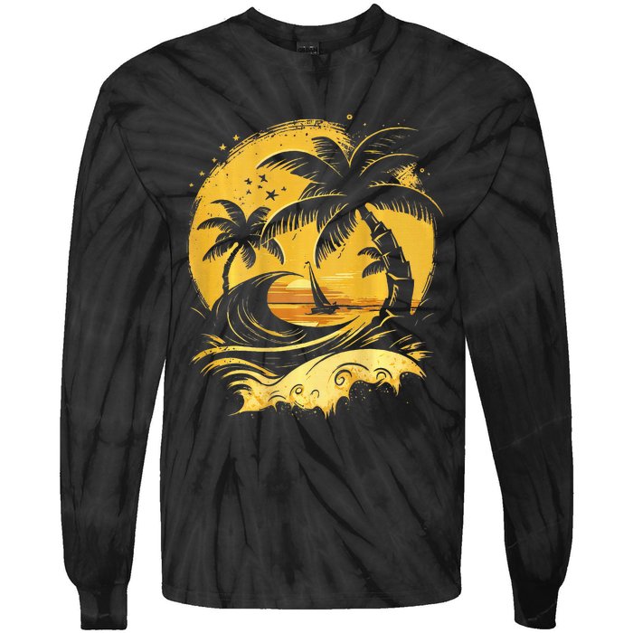 Tropical Palm Trees Sailboat Beach Island Sunset Tie-Dye Long Sleeve Shirt