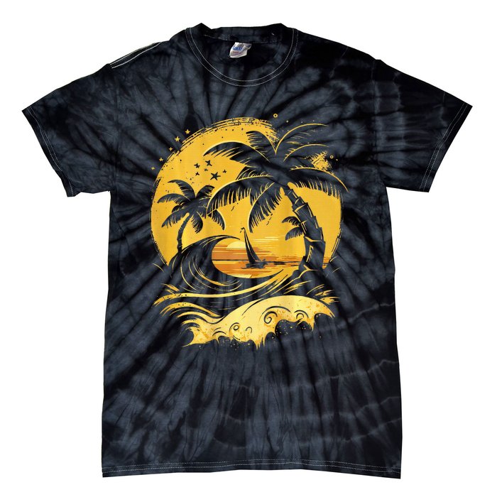 Tropical Palm Trees Sailboat Beach Island Sunset Tie-Dye T-Shirt