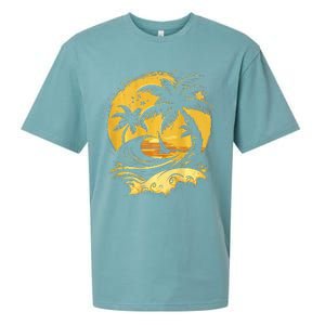 Tropical Palm Trees Sailboat Beach Island Sunset Sueded Cloud Jersey T-Shirt