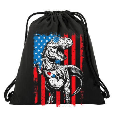 Trex Popsicle USA Flag Funny 4th Of July Dinosaur Gift Drawstring Bag