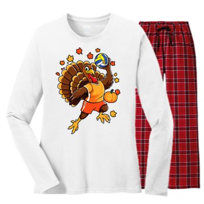 Turkey Playing Volleyball Thanksgiving Volleyball Player Women's Long Sleeve Flannel Pajama Set 