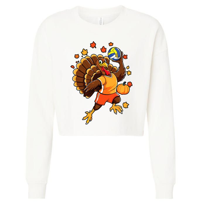 Turkey Playing Volleyball Thanksgiving Volleyball Player Cropped Pullover Crew