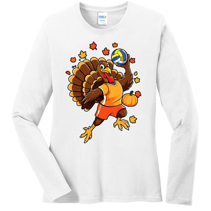 Turkey Playing Volleyball Thanksgiving Volleyball Player Ladies Long Sleeve Shirt