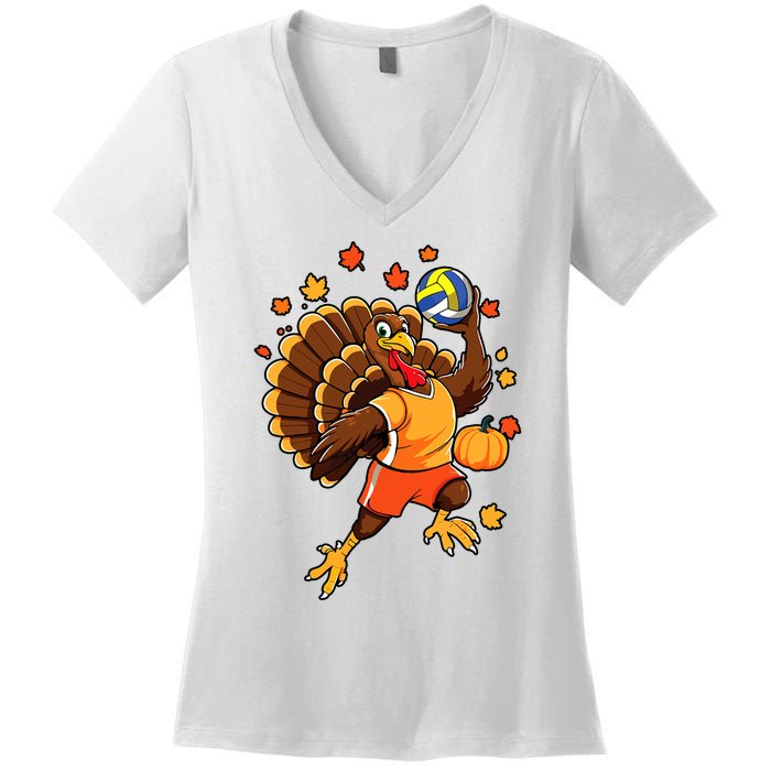 Turkey Playing Volleyball Thanksgiving Volleyball Player Women's V-Neck T-Shirt