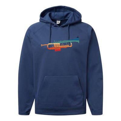 Trumpet Player Vintage Marching Band Retro Sunset Design Performance Fleece Hoodie