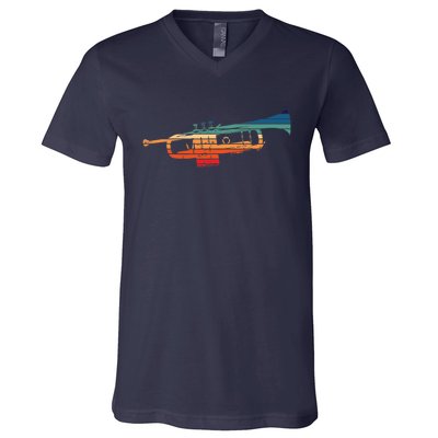 Trumpet Player Vintage Marching Band Retro Sunset Design V-Neck T-Shirt