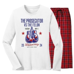 The Prosecutor Vs The Felon Democracy Kamalaharris Trump Women's Long Sleeve Flannel Pajama Set 