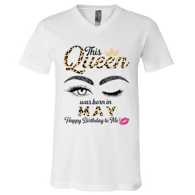 This Queen Was Born In May White Queen Birthday V-Neck T-Shirt