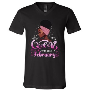 This Queen Was Born In February Black Queen Birthday V-Neck T-Shirt