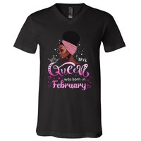 This Queen Was Born In February Black Queen Birthday V-Neck T-Shirt