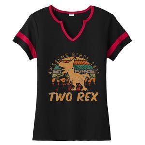 Two Rex 2nd Birthday Gift Second Dinosaur 2 Year Old  Ladies Halftime Notch Neck Tee