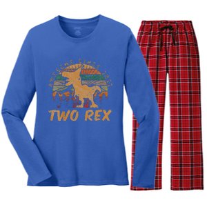 Two Rex 2nd Birthday Gift Second Dinosaur 2 Year Old  Women's Long Sleeve Flannel Pajama Set 