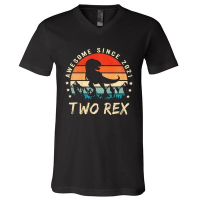 Two Rex 2nd Birthday Gift Second Dinosaur 2 Year Old V-Neck T-Shirt