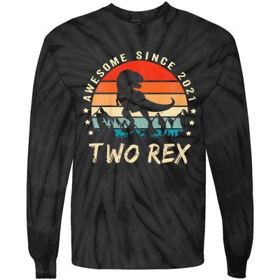 Two Rex 2nd Birthday Gift Second Dinosaur 2 Year Old Tie-Dye Long Sleeve Shirt