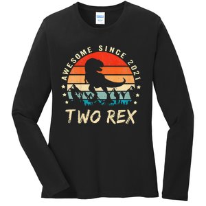 Two Rex 2nd Birthday Gift Second Dinosaur 2 Year Old Ladies Long Sleeve Shirt