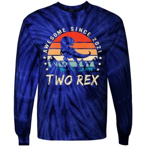 Two Rex 2nd Birthday Gift Second Dinosaur 2 Year Old Cute Tie-Dye Long Sleeve Shirt