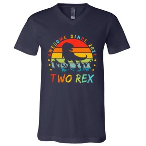 Two Rex 2nd Birthday Gift Second Dinosaur 2 Year Old V-Neck T-Shirt