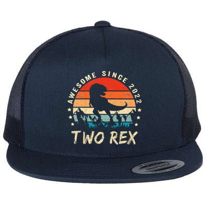 Two Rex 2nd Birthday Gift Second Dinosaur 2 Year Old Flat Bill Trucker Hat