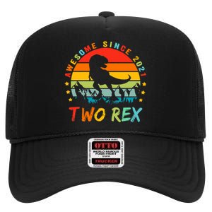 Two Rex 2nd Birthday Gift Second Dinosaur 2 Year Old High Crown Mesh Back Trucker Hat