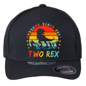 Two Rex 2nd Birthday Gift Second Dinosaur 2 Year Old Flexfit Unipanel Trucker Cap