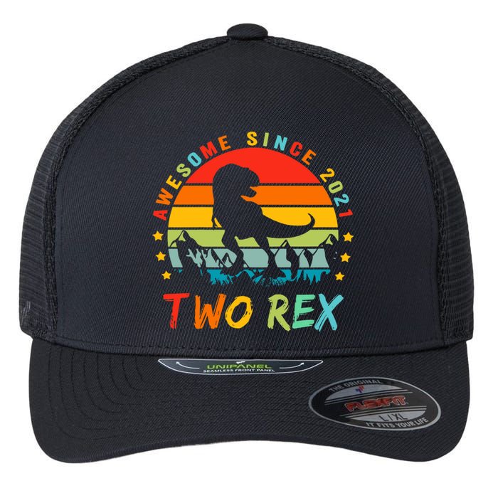 Two Rex 2nd Birthday Gift Second Dinosaur 2 Year Old Flexfit Unipanel Trucker Cap