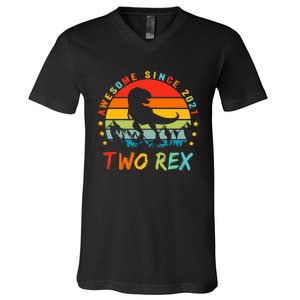 Two Rex 2nd Birthday Gift Second Dinosaur 2 Year Old V-Neck T-Shirt