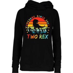 Two Rex 2nd Birthday Gift Second Dinosaur 2 Year Old Womens Funnel Neck Pullover Hood