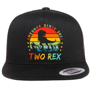 Two Rex 2nd Birthday Gift Second Dinosaur 2 Year Old Flat Bill Trucker Hat