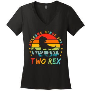 Two Rex 2nd Birthday Gift Second Dinosaur 2 Year Old Women's V-Neck T-Shirt