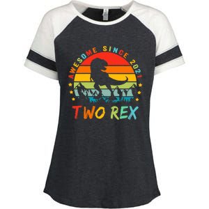 Two Rex 2nd Birthday Gift Second Dinosaur 2 Year Old Enza Ladies Jersey Colorblock Tee