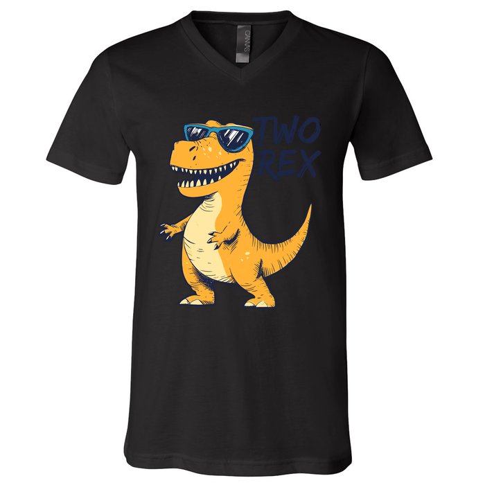 Two Rex 2nd Birthday Gifts Second Dinosaur Boy 2 Years Old V-Neck T-Shirt