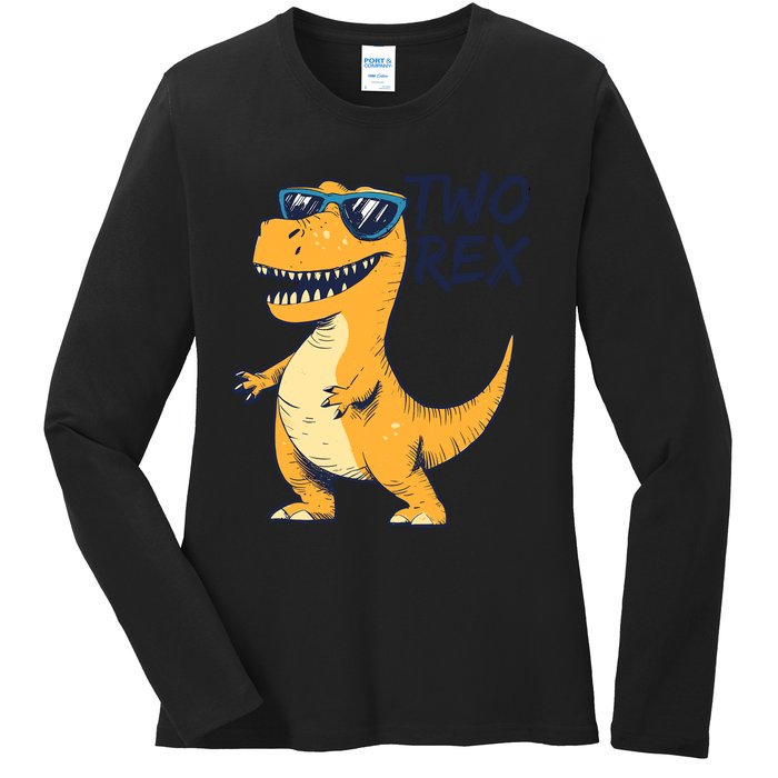 Two Rex 2nd Birthday Gifts Second Dinosaur Boy 2 Years Old Ladies Long Sleeve Shirt