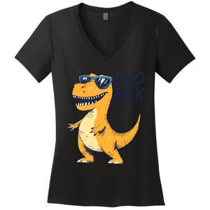 Two Rex 2nd Birthday Gifts Second Dinosaur Boy 2 Years Old Women's V-Neck T-Shirt