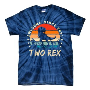 Two Rex 2nd Birthday Gift Second Dinosaur 2 Year Old Tie-Dye T-Shirt