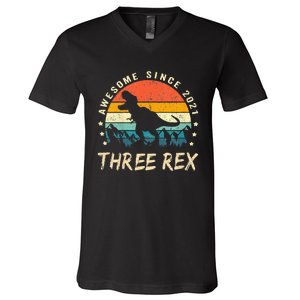 Three Rex 3rd Birthday Third Dinosaur 3 Year Old V-Neck T-Shirt