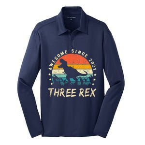 Three Rex 3rd Birthday Third Dinosaur 3 Year Old Silk Touch Performance Long Sleeve Polo