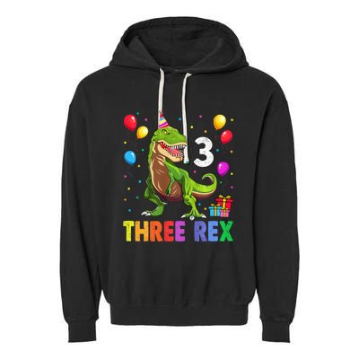 Three Rex 3rd Birthday Third Dinosaur 3 Year Old Garment-Dyed Fleece Hoodie