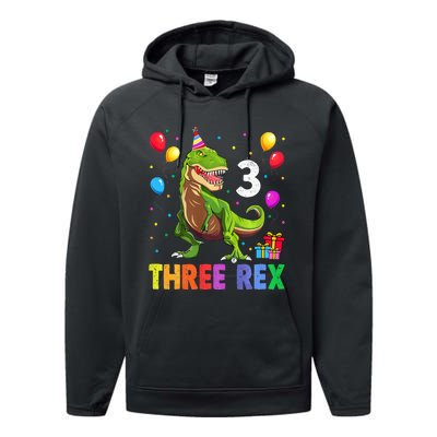 Three Rex 3rd Birthday Third Dinosaur 3 Year Old Performance Fleece Hoodie