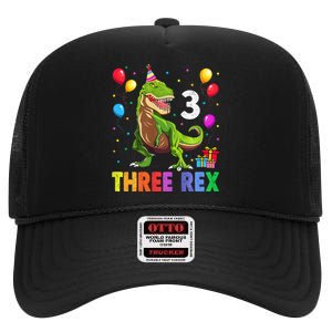 Three Rex 3rd Birthday Third Dinosaur 3 Year Old High Crown Mesh Back Trucker Hat