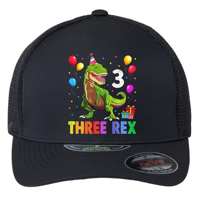 Three Rex 3rd Birthday Third Dinosaur 3 Year Old Flexfit Unipanel Trucker Cap