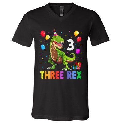 Three Rex 3rd Birthday Third Dinosaur 3 Year Old V-Neck T-Shirt