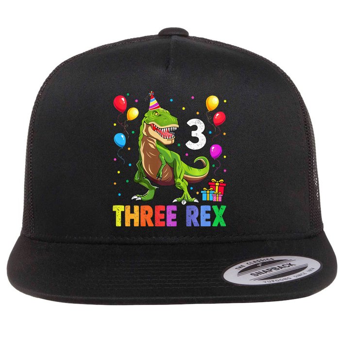 Three Rex 3rd Birthday Third Dinosaur 3 Year Old Flat Bill Trucker Hat