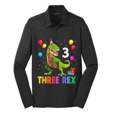 Three Rex 3rd Birthday Third Dinosaur 3 Year Old Silk Touch Performance Long Sleeve Polo