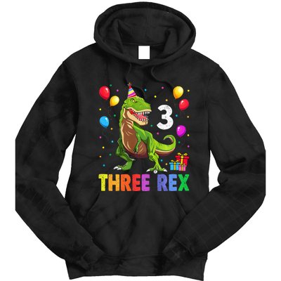 Three Rex 3rd Birthday Third Dinosaur 3 Year Old Tie Dye Hoodie