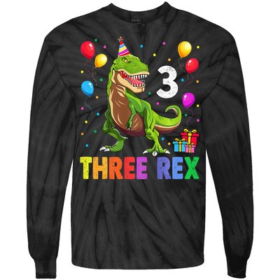 Three Rex 3rd Birthday Third Dinosaur 3 Year Old Tie-Dye Long Sleeve Shirt