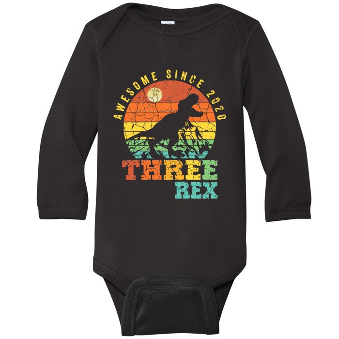 Three Rex 3rd Birthday Boy Third Dinosaur Awesome Baby Long Sleeve Bodysuit