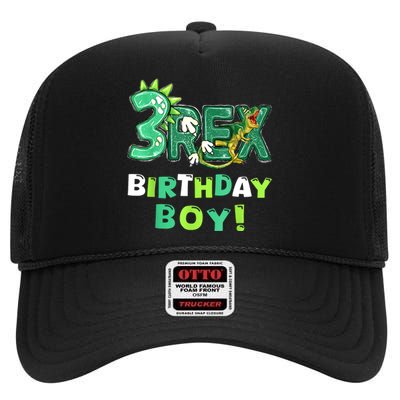 Three Rex 3rd Birthday Third Dinosaur 3 Year Old High Crown Mesh Back Trucker Hat