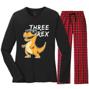 Three Rex 3rd Birthday Gifts Third Dinosaur Boy 3 Years Old Women's Long Sleeve Flannel Pajama Set 