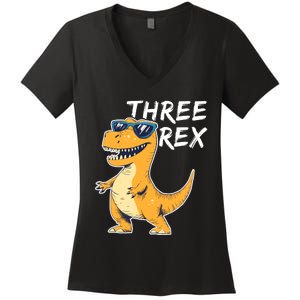 Three Rex 3rd Birthday Gifts Third Dinosaur Boy 3 Years Old Women's V-Neck T-Shirt