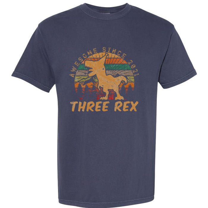 Three Rex 3rd Birthday Gift Third Dinosaur 3 Year Old Garment-Dyed Heavyweight T-Shirt